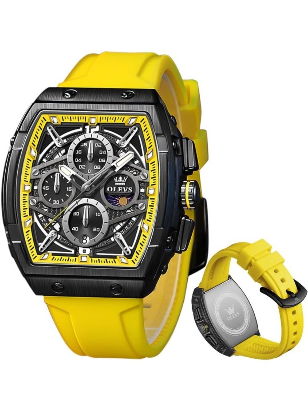 Men's Yellow Chronograph Big Square Analog Silicone Strap Waterproof Wrist Watch